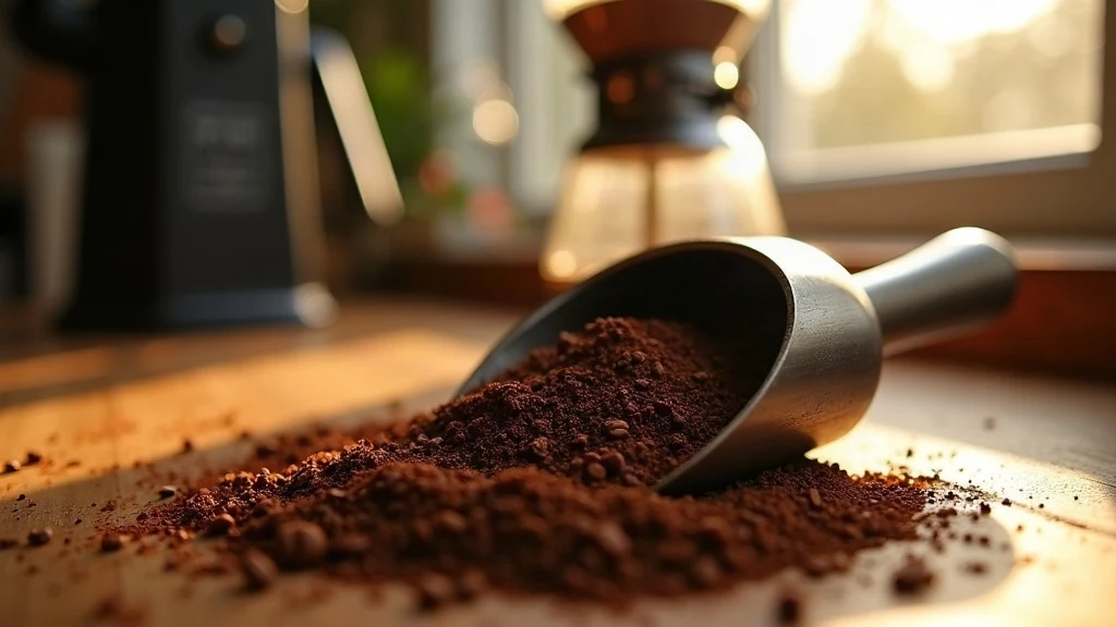 Ground coffee in a steel scoop with grinder and French press