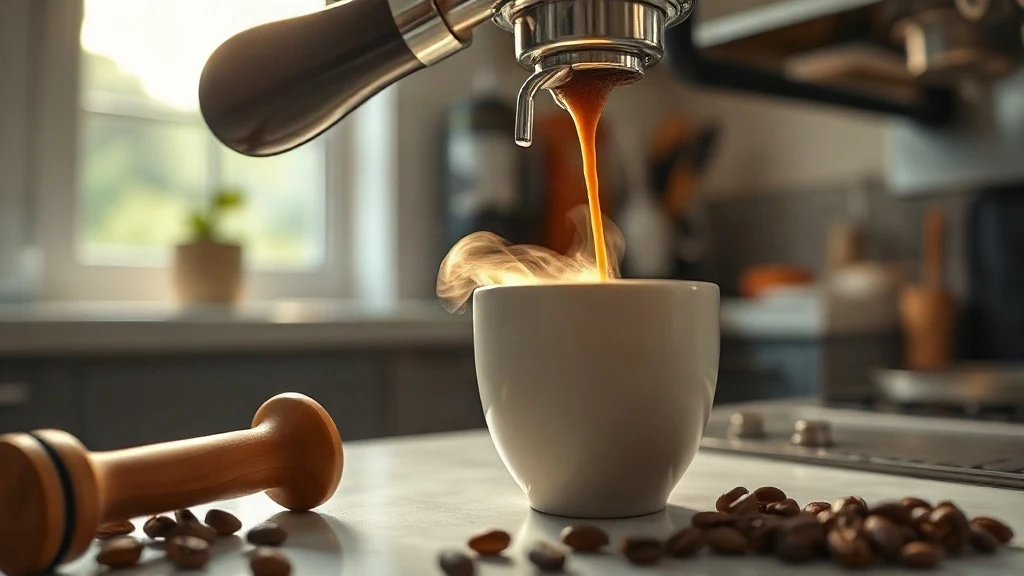 Expreita espresso brewing close-up with crema and coffee beans