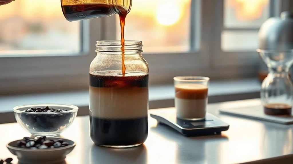 Pouring cold brew coffee concentrate into milk, illustrating how to concentrate coffee at home