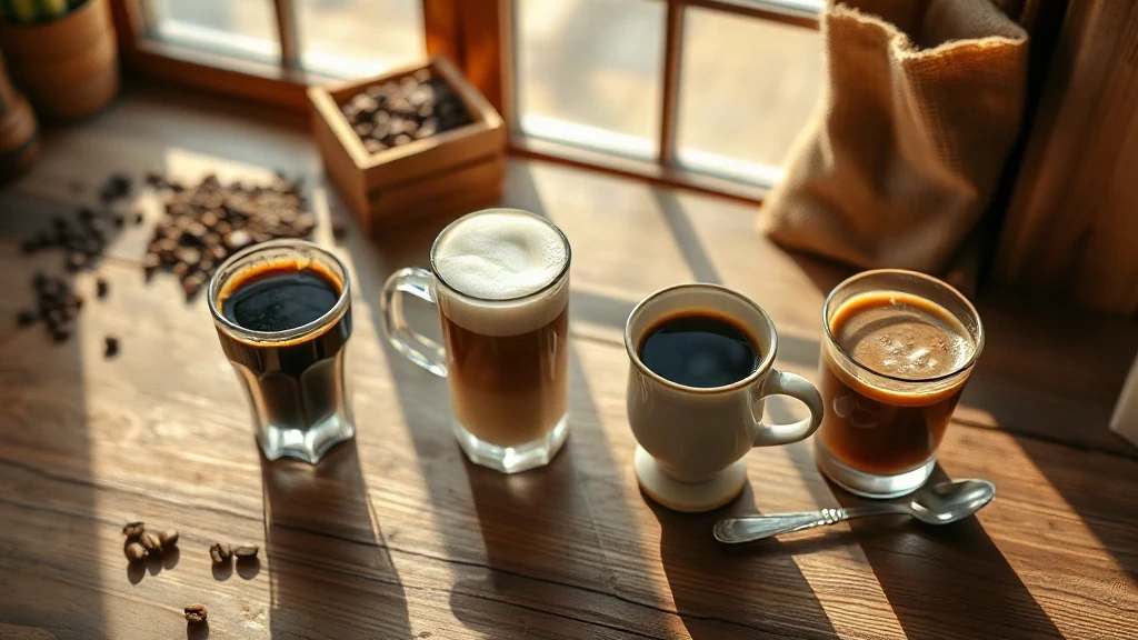 Overhead view of four coffee variations representing each category of coffee, including espresso, latte, brewed, and instant