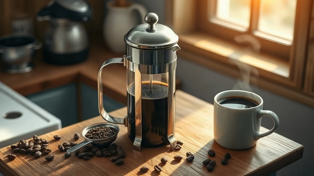 cafetiere French press with freshly brewed coffee and coffee grounds